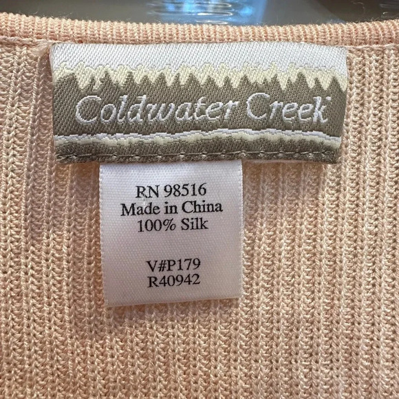 Coldwater Creek Coral Peach 100% Silk Knit Ribbed Sweater Cardigan Size Large L - Picture 8 of 9